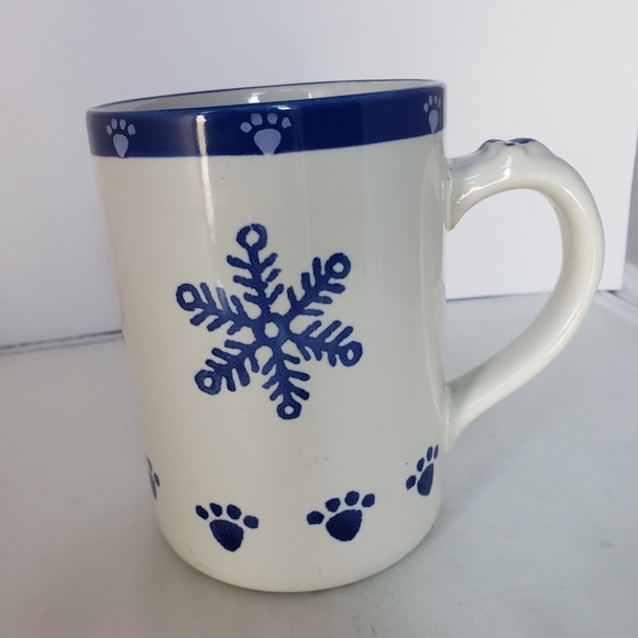 Dog Paw Mug Large 5 " H 3.25 Dia Snowflakes Ceramic Coffee Tea Winter Blue White - Picture 5 of 8